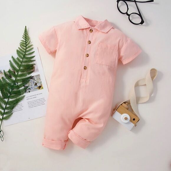 Other - NWT - Size 9-12 month, girls solid lapel collar pocket jumpsuit, one piece, pink